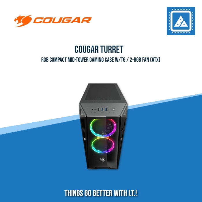 COUGAR TURRET RGB BLACK ATX MID TOWER PRO-COOLING COMPACT GAMING CASE WITH TEMPERED GLASS SIDE WINDOW COUGAR TURRET RGB BLACK ATX MID TOWER PRO-COOLING COMPACT GAMING CASE WITH TEMPERED GLASS SIDE WINDOW